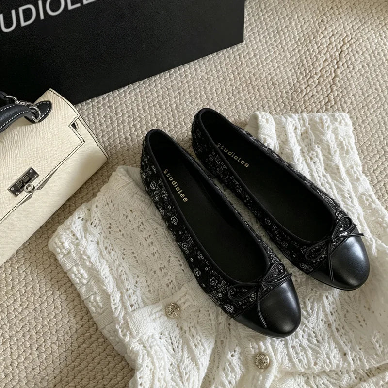 Women Tweed Ballet Flats Bow Decor Soft Flat Shoes Ladies Elegant Daily Commuter Walking Loafers Vintage Non Slip Dress Shoes Zpaxo