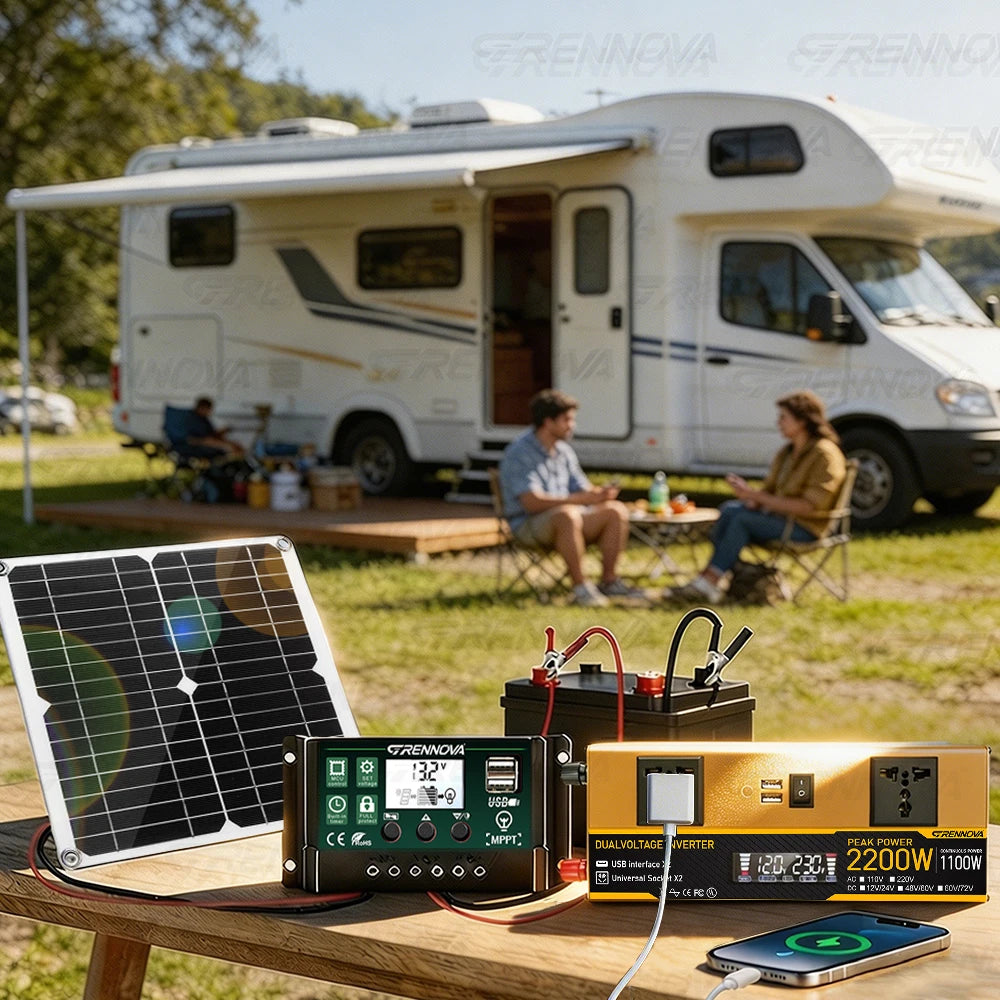 High Quality 2200W Grennova Solar Power Kit W/H Inverter Controller Panel Kit Complete Off-Grid System Real Capacity DIY Setup Zpaxo