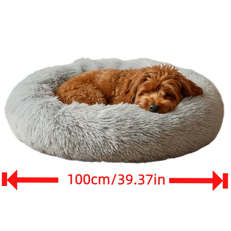 Round Pet Bed Soft Long Plush Winter Warm Sleeping Nest Large Medium