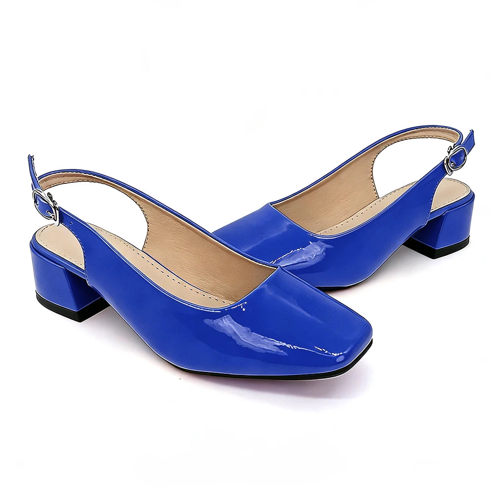 Women's Blue Square Heel Ankle Strap Sandals | Zpaxo