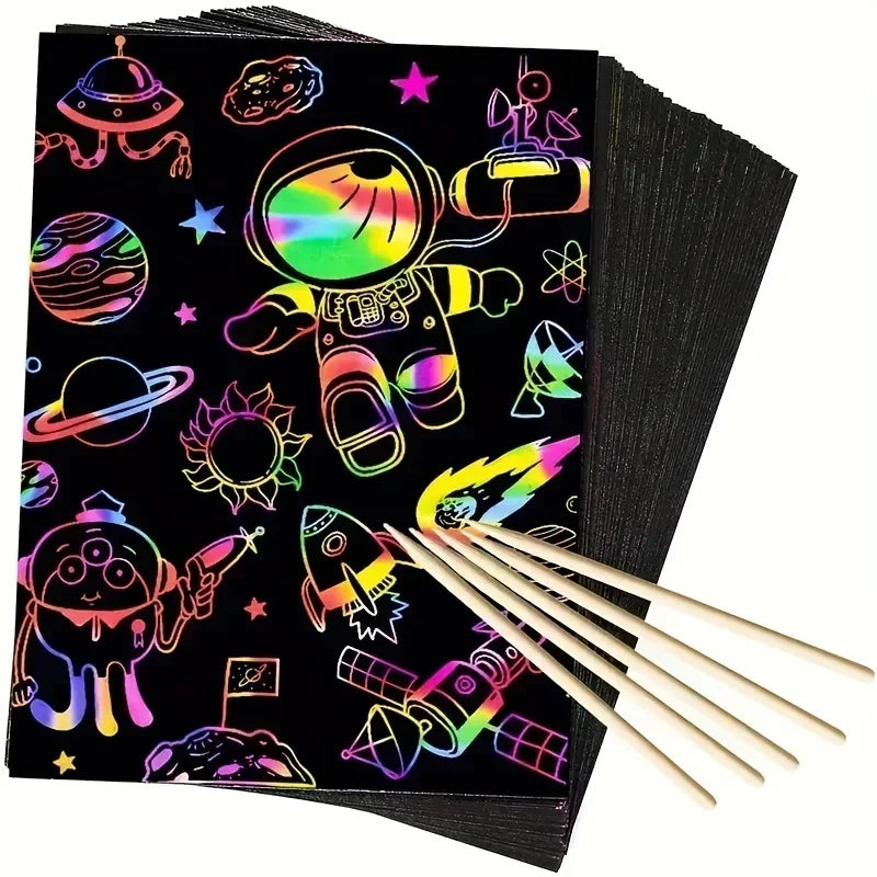 50pcs Magic Scratch Paper 5pcs Bamboo Pens Scratch Rainbow Art Paper Scratch Painting Kit with 5 Wooden Sticks Birthday Gift Zpaxo