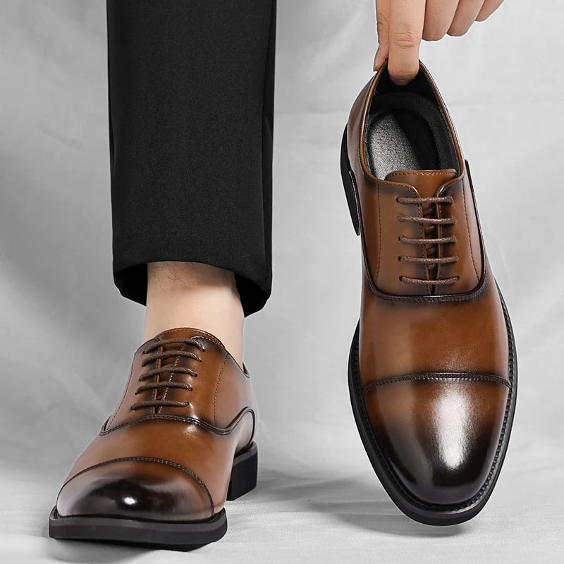 Mens Brown Gradient Leather Cap Toe Oxford Dress Shoes Lace Up Formal Zpaxo