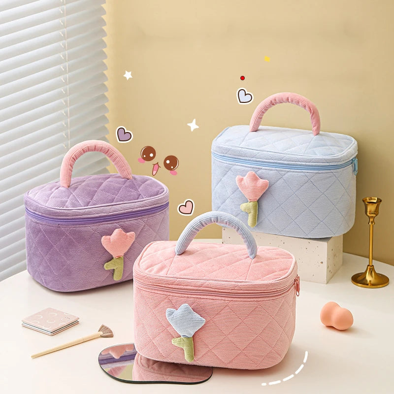 Cute Tulip Handheld Cosmetic Bag Women Large Capacity Portable