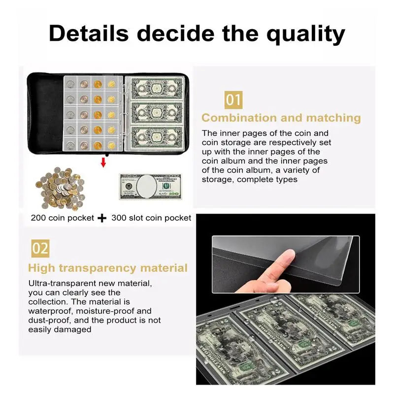 Portable Coin Collection 200 30 Paper Money Panels PVC Transparent