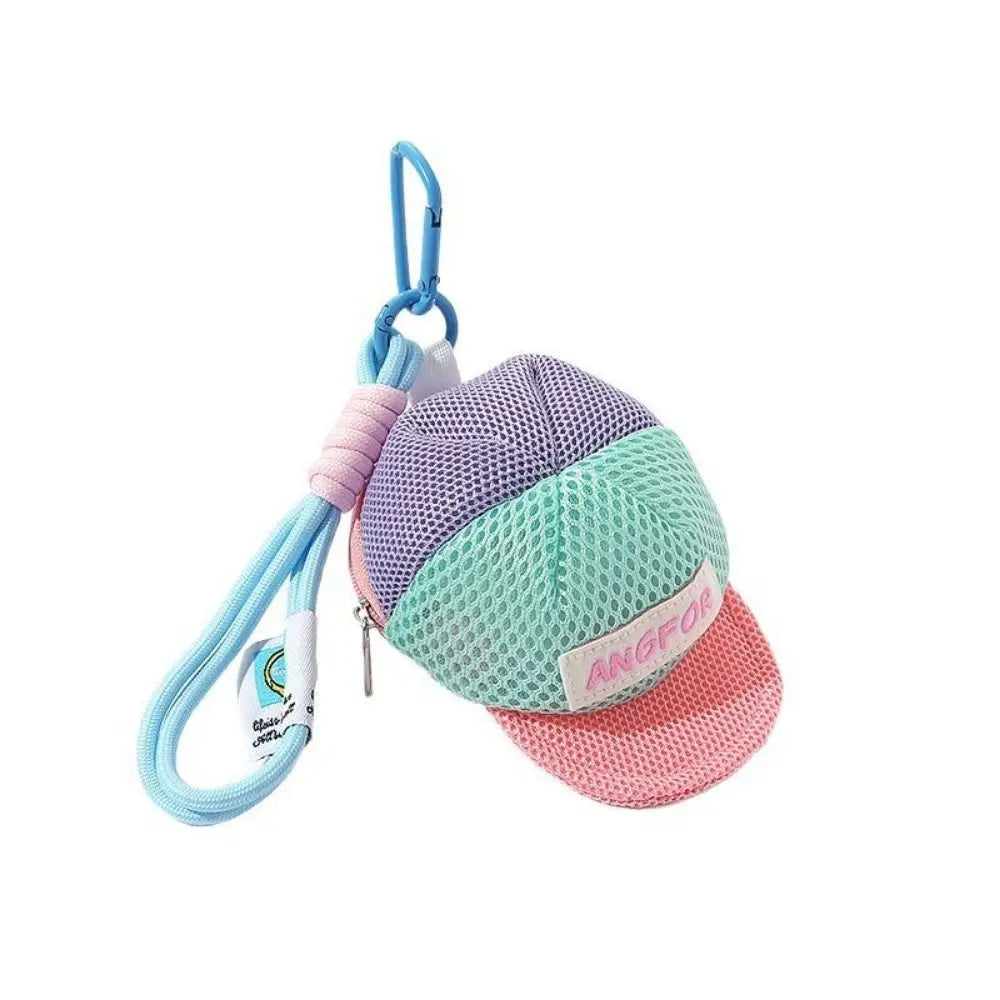Keychain Hat Shape Coin Purse with Handle Rope Decorative Portable Wallet Bag Anti Loss Zipper Closure Creative Hat Mesh Pouch Zpaxo