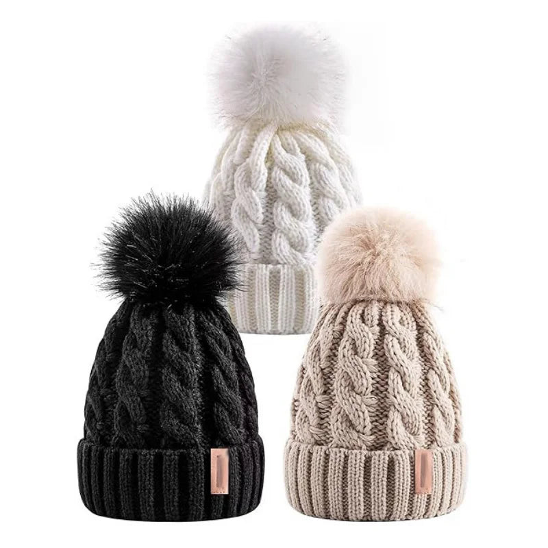 Cable Knit Pom Pom Beanie – Unisex Warm Winter Wool Hat