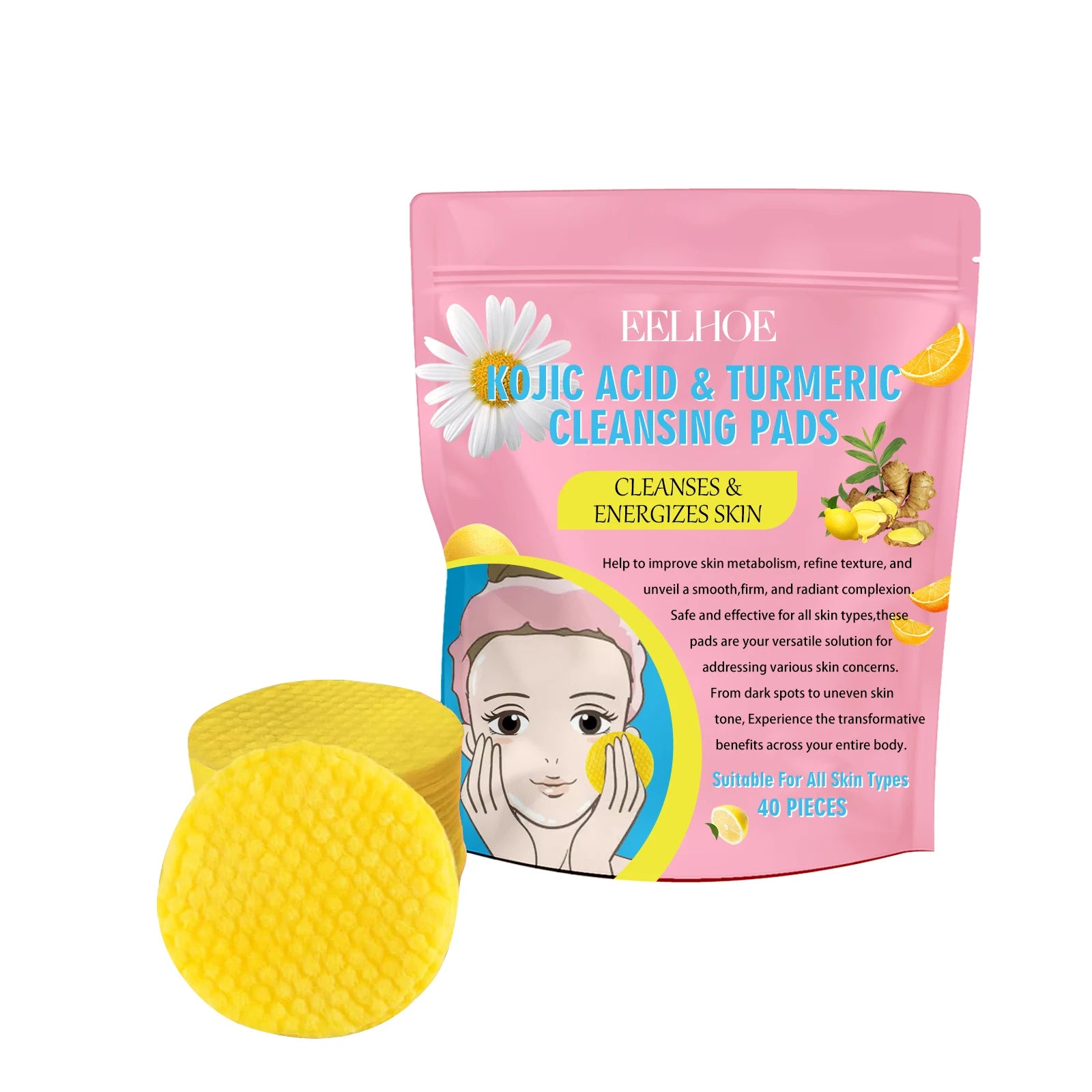 Turmeric Kojic Acid Cleansing Pads – Exfoliate & Brighten Skin Facial Cleansing Pads Zpaxo A 40Pads