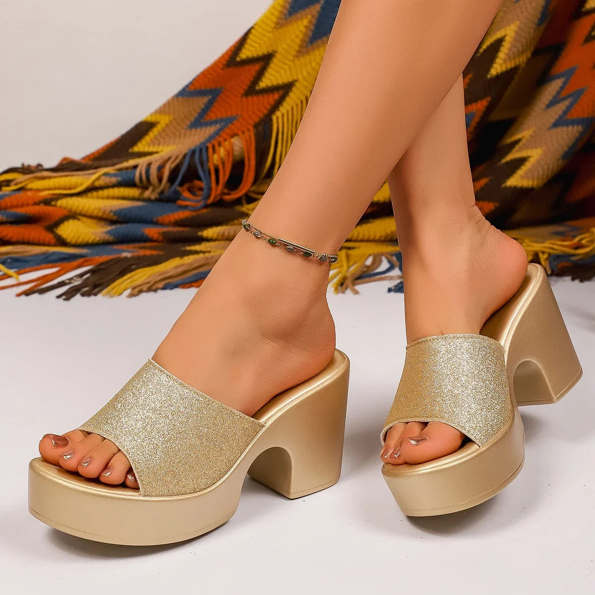 2025 Women Sandals Fashion Gold Heels Slippers Leather Chunky Zpaxo