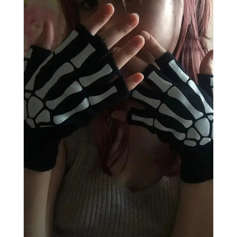 Halloween Skull Fingerless Gloves – Punk Half-Finger Kids & Adult