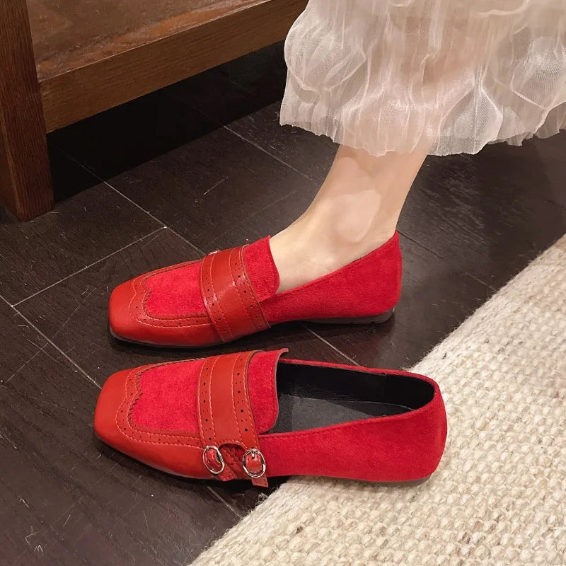 Square Toe Flat Loafers Women's 2026 Retro Pull-on Metal Belt Buckle Zpaxo
