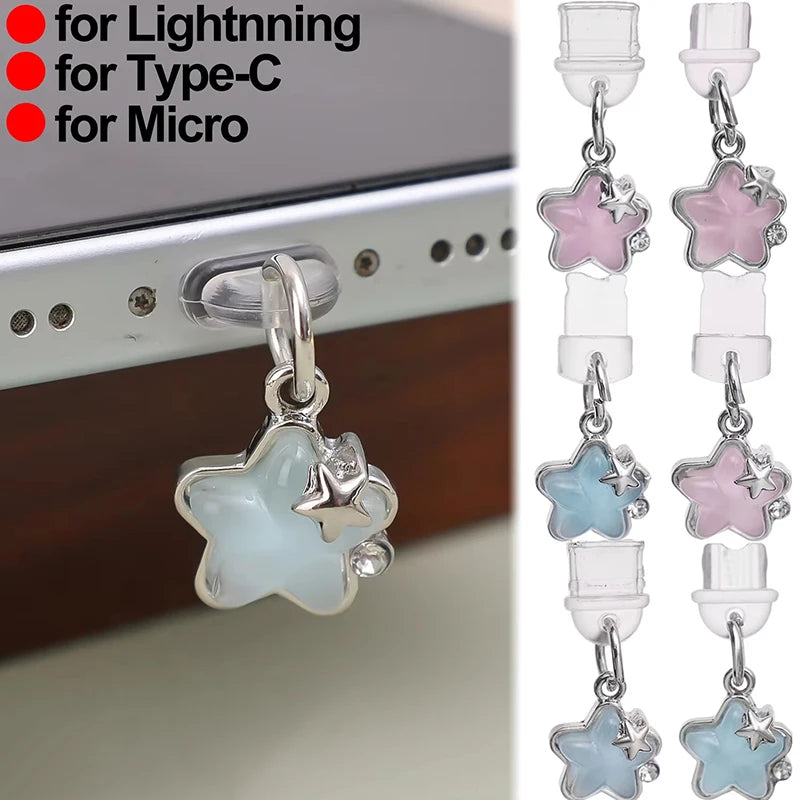 Diamond Star Dust Plug Charm Fashion Ladies Charge Port Plug For iPhone Type C Micro USB Dust Protection Cap Phone Pendant Gift Zpaxo