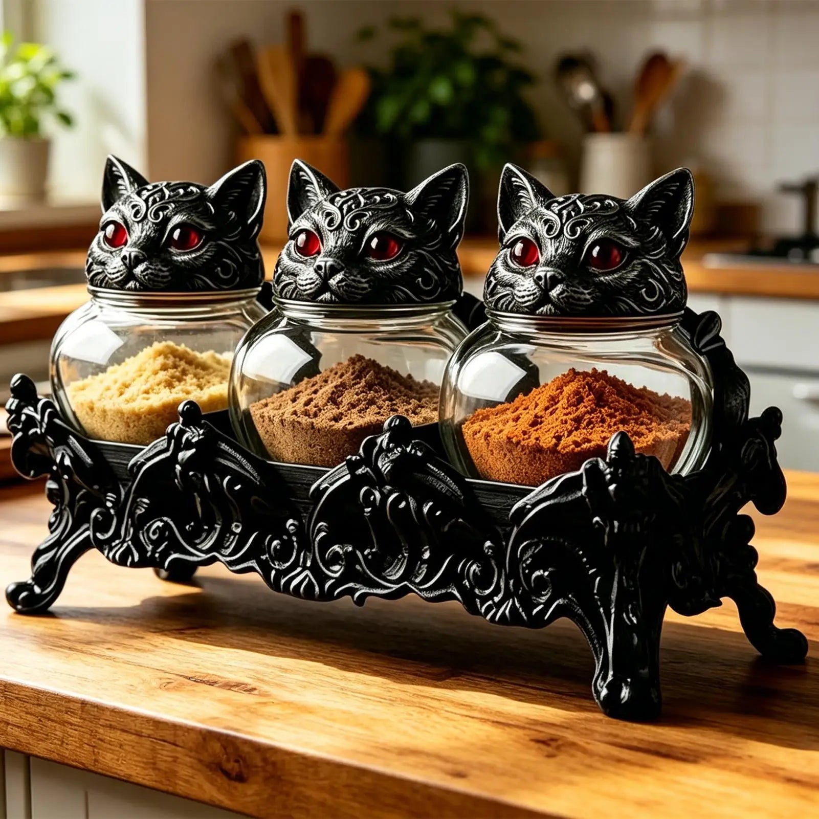 Glass Jar 3 Piece Cat Head Airtight Gothic Tea Containers seasoning Jars with Lids for Salt Pepper Tea Leaves Kitchen Dining Zpaxo