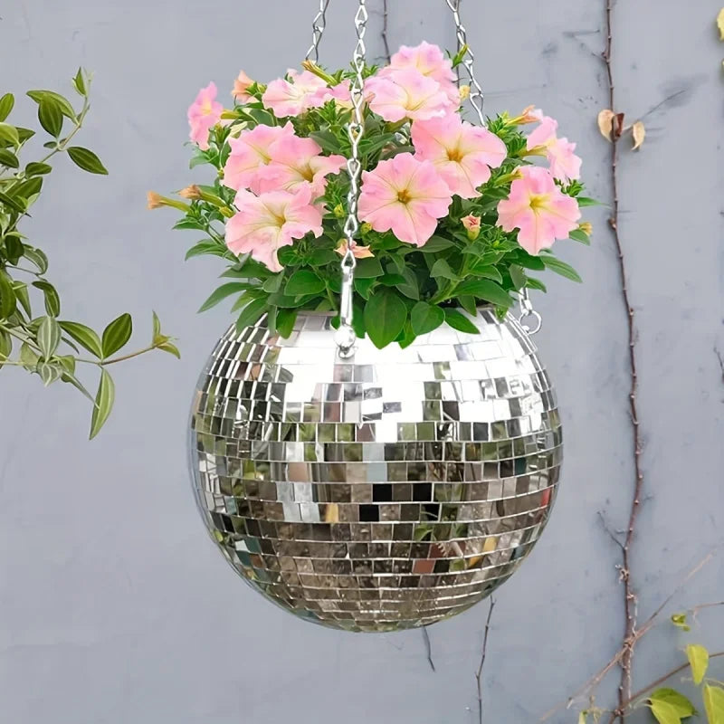 Disco Mirror Ball Hanging Flower Pot Basket Indoor Ornament