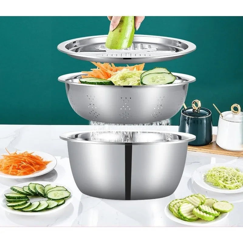 New 3pcs Stainless Steel Multifunctional Strainer, and Mixing Bowl for Washing and Slicing Fruits, Vegetables Tools Zpaxo