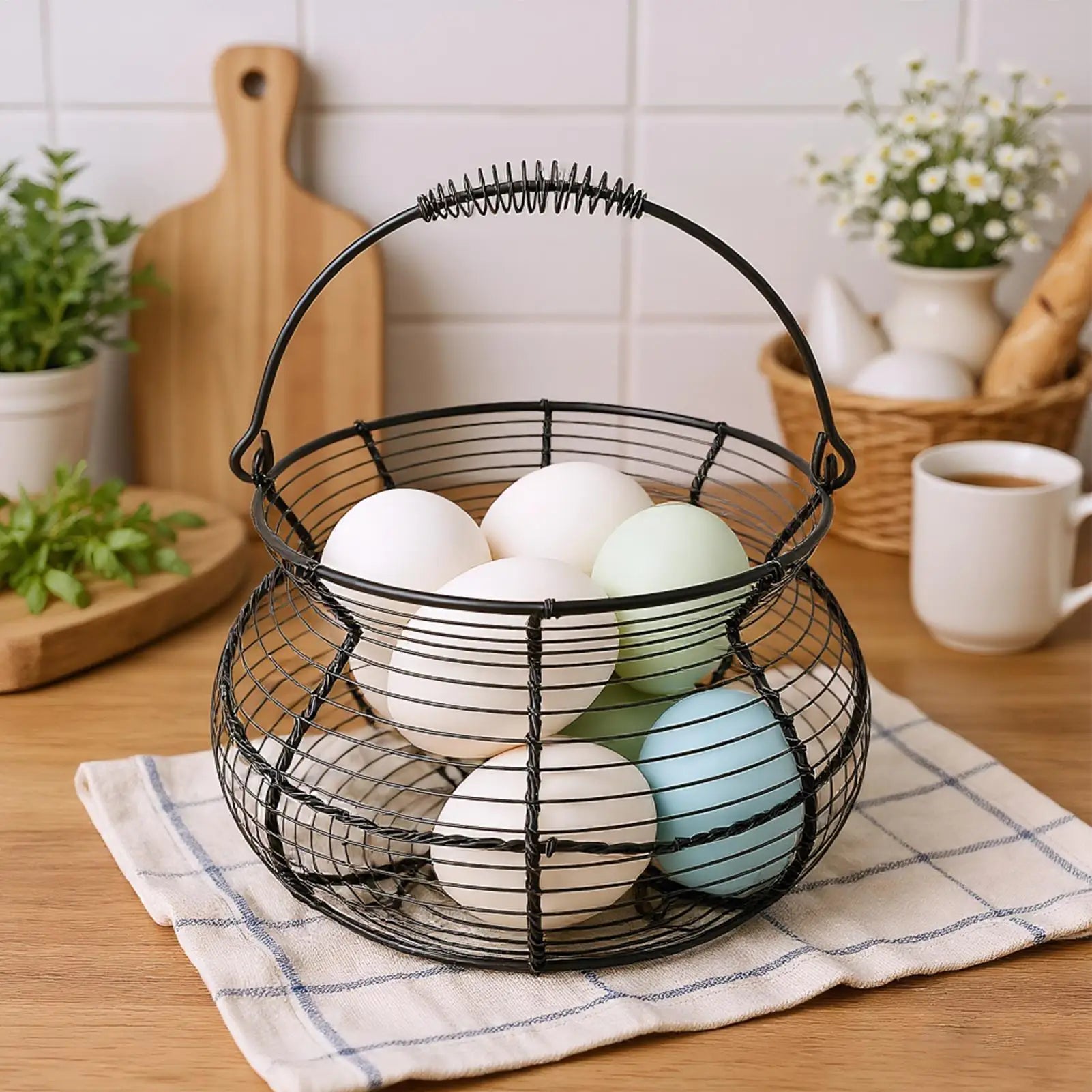 Small Egg Basket Vintage Woven Storage Stand Handle Counter Holder