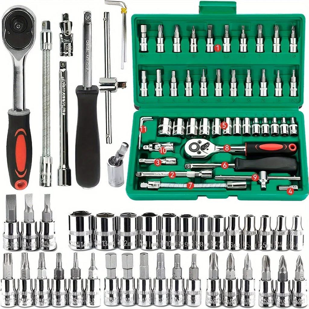 46Pcs Family Tools 1/4 Set Mechanic Tool Kits for Auto Repair Hous with Sockets Metric Hex Bit Socket Set inch Ratchet Wrench Zpaxo 46pcsAs shown 46Pcs