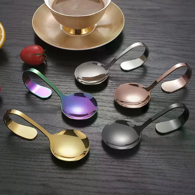 Stainless Steel Service Tableware Curved Handle Spoon Hotel Golden Zpaxo