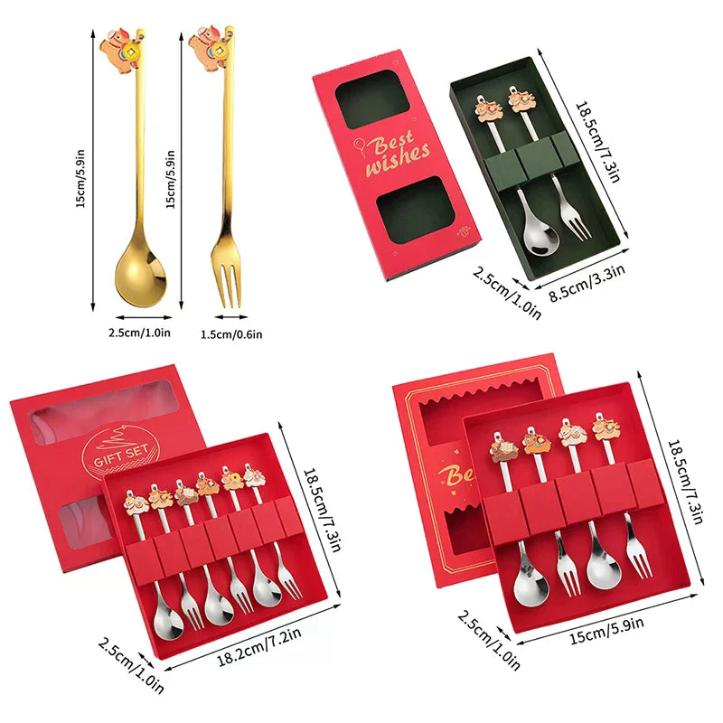 Chinese New Year Themed Cutlery Set Stainless Steel Creative Cartoon Year Of The Horse Fork Spoon 2/4/6pcs Holiday Gift Cutlery Zpaxo