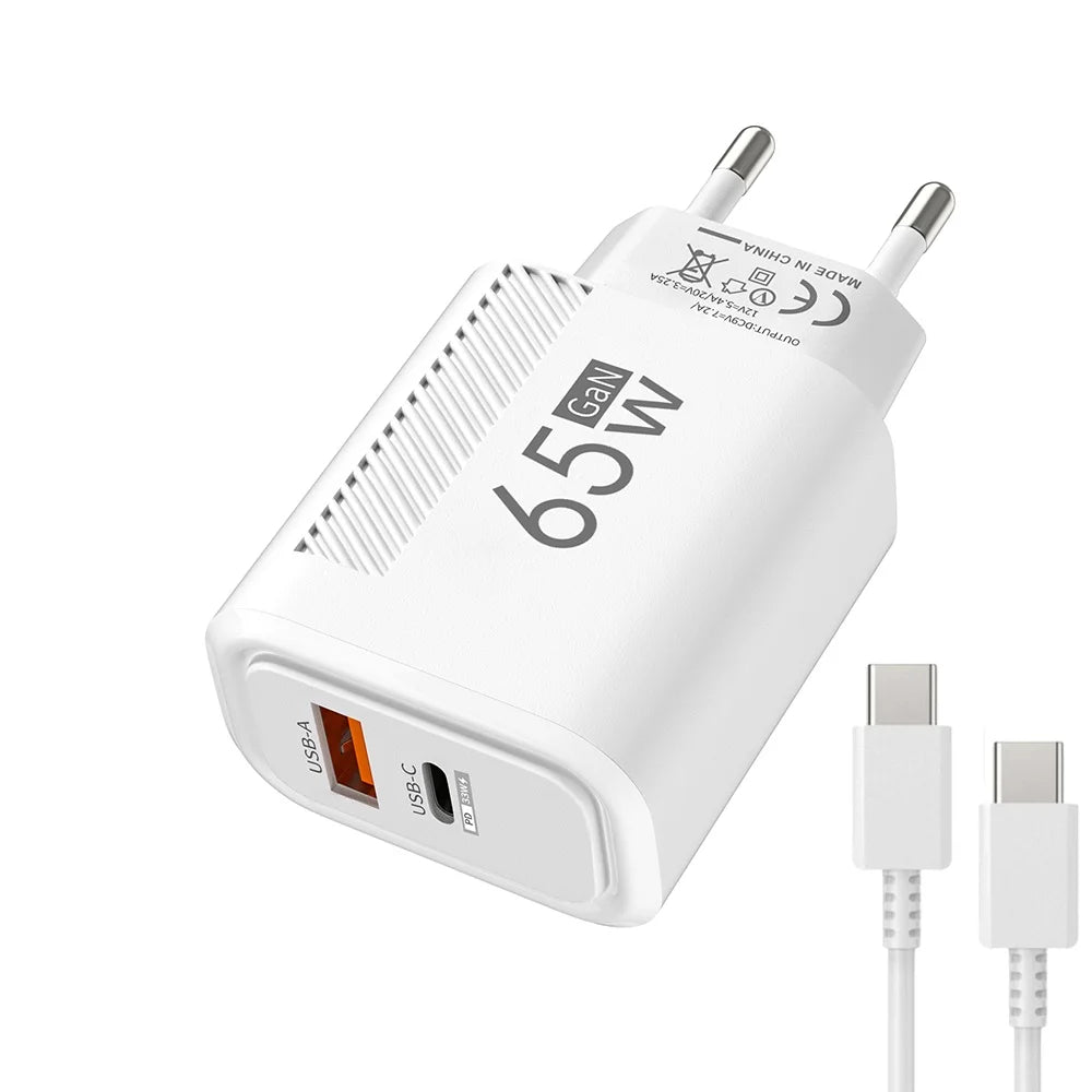 65W USB-C Charger GaN Fast Charging PD Type C Cable Mobile Phone Adapter For iPhone 16 Xiaomi Samsung Xiaomi QC 3.0 Wall Charger Zpaxo EU White 1m Cable