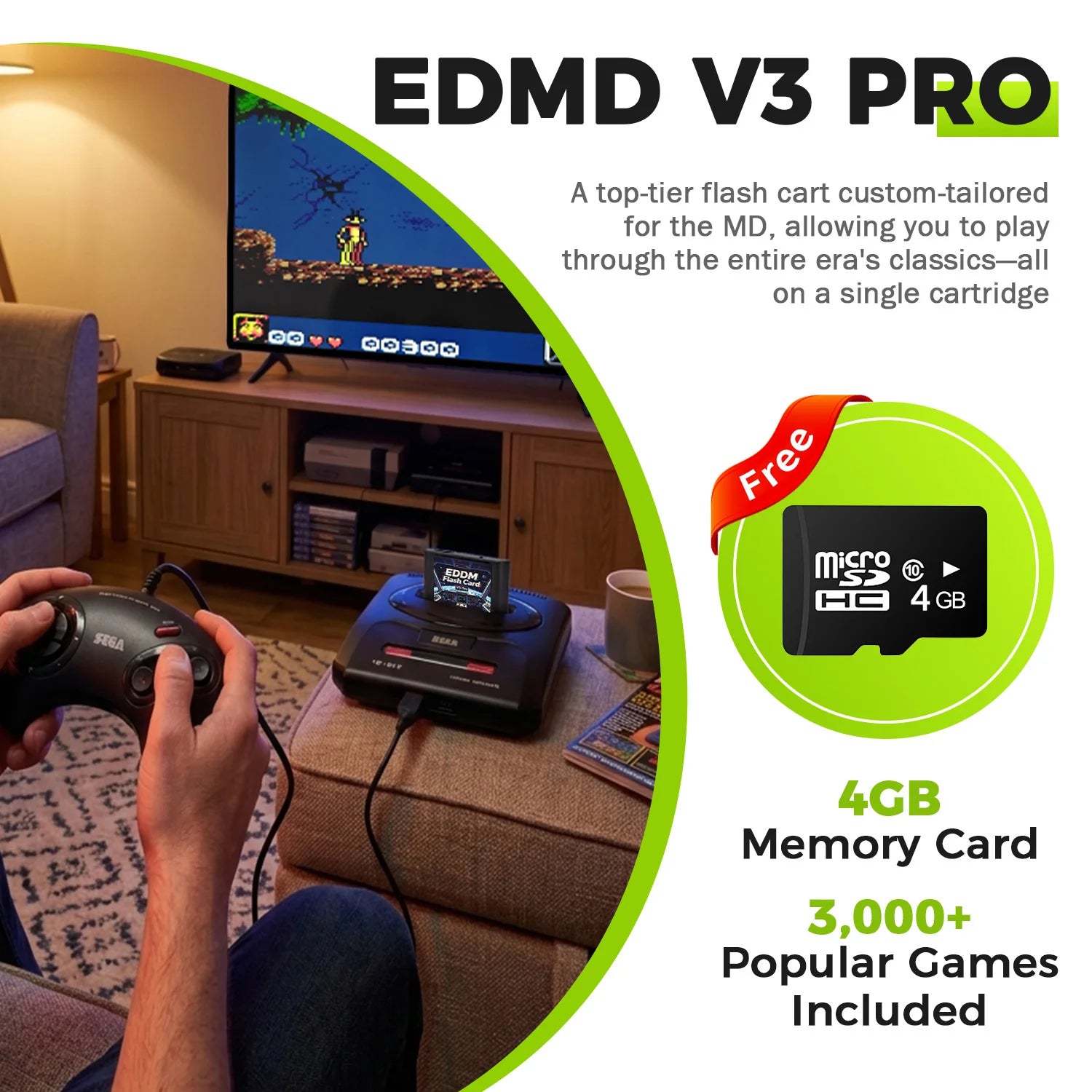 New EDMD FlashCard 3000 in 1 MD V3 Pro Game Cartridges For SEGA Genesis Mage Drive 16Bit Video Game Console Free With 4G TF Card Zpaxo