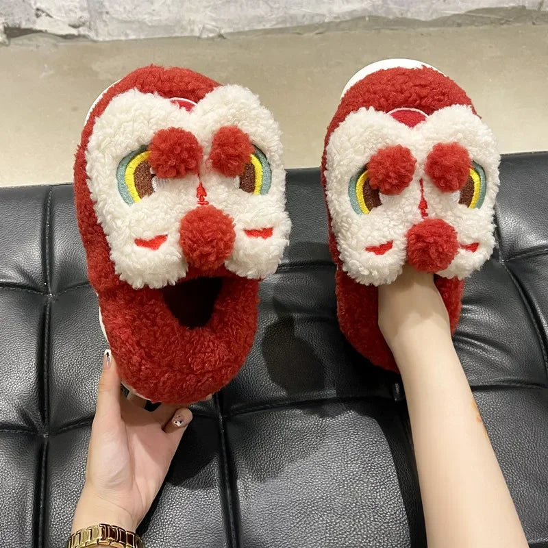 SHAJI Unisex Cute Lion Dance Plush Slippers Winter Warm Fluffy Zpaxo