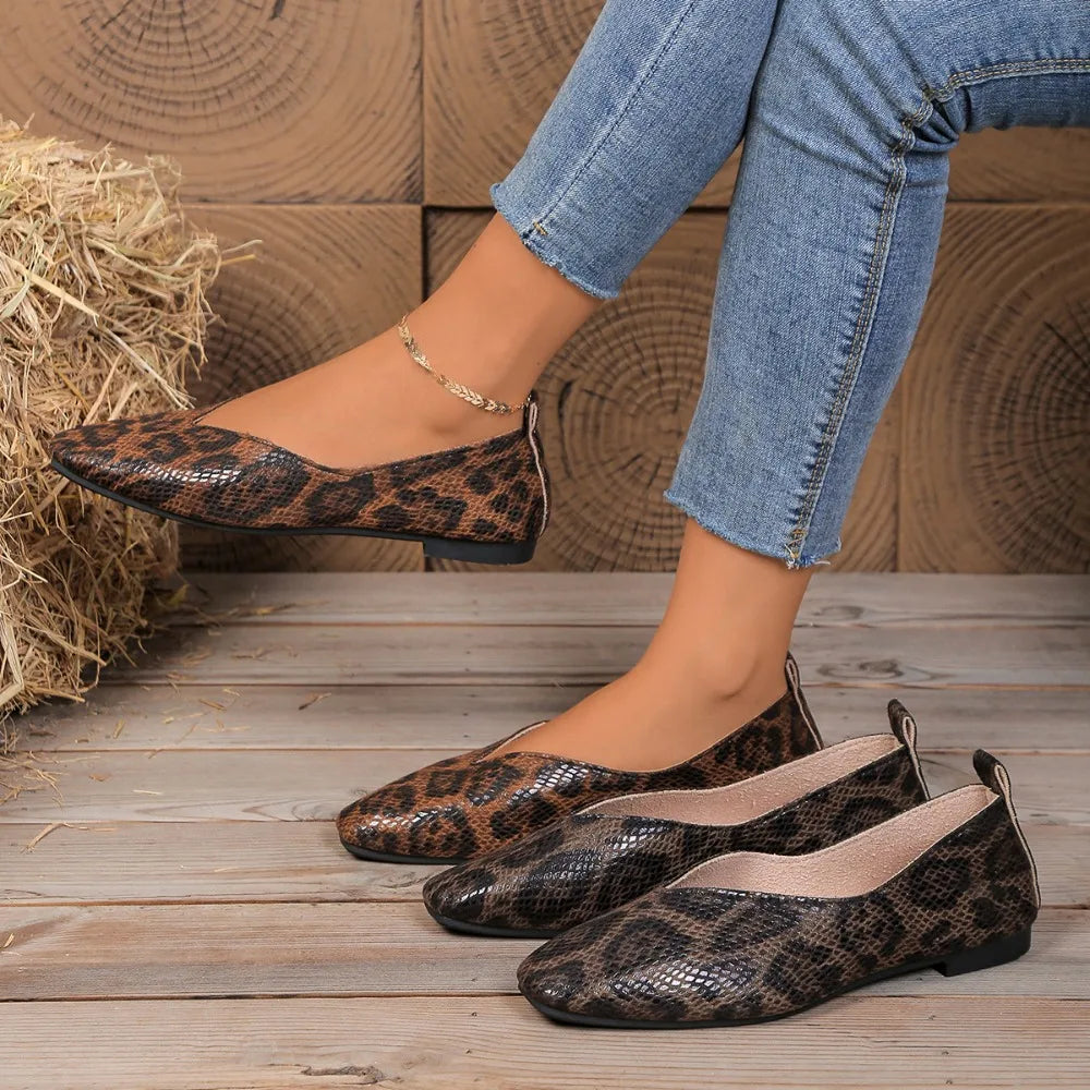 Big 35-43Snake Pattern Leather Woman Square Toe Shallow Ballet Flats