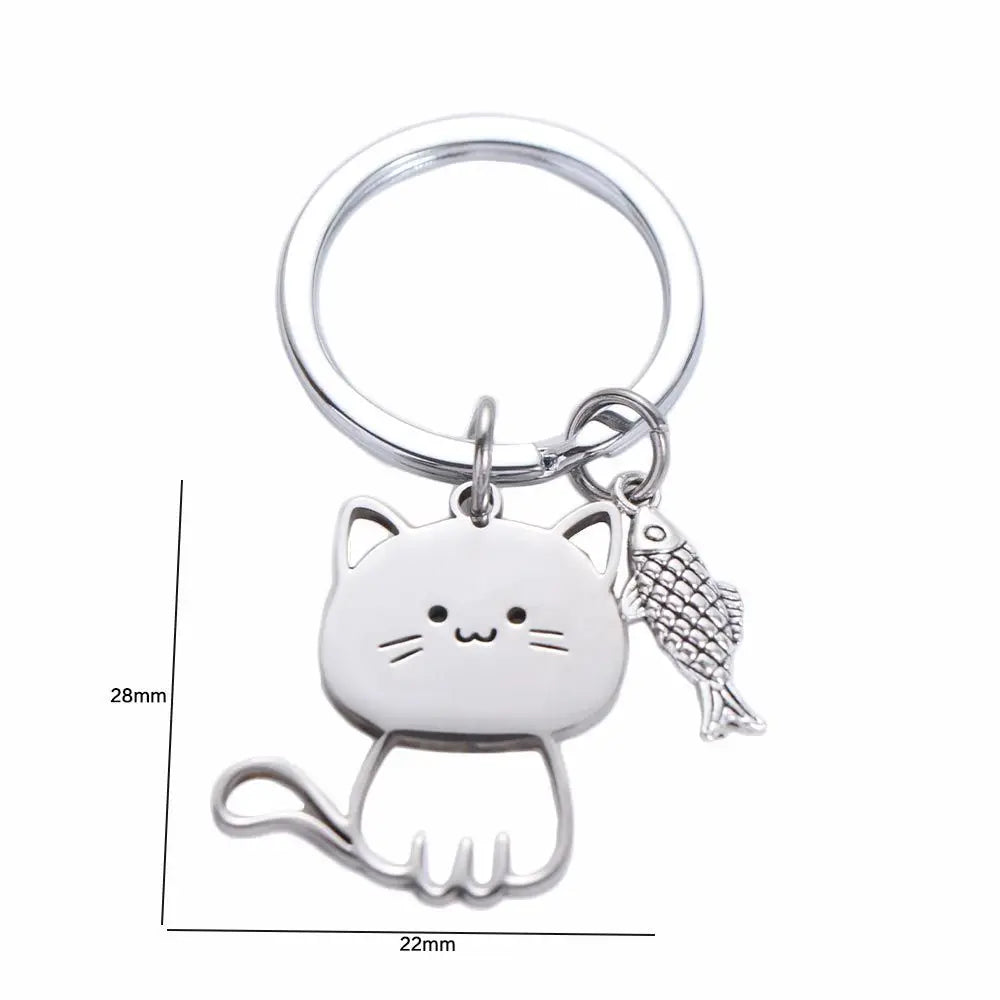 Lovely Stainless Steel Cat Fish Keychain Key Holder Pendant Cat Key Ring Animal Cartoon Kittens Keychain Valentine's Day Gift Zpaxo