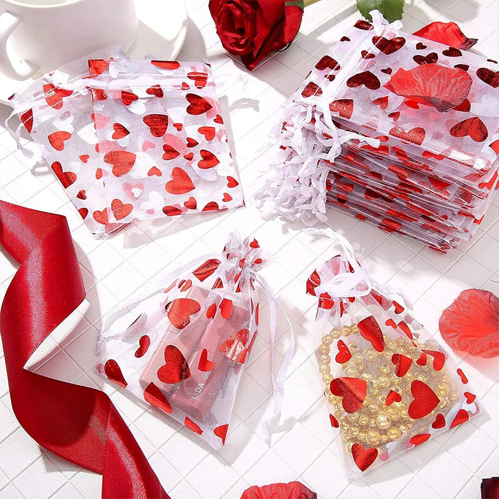 6/30/60/120Pcs Valentine's Day Red Heart Organza Bags Gift Bags Pouches Jewelry Candy Packaging Drawstring Bags for Wedding Zpaxo