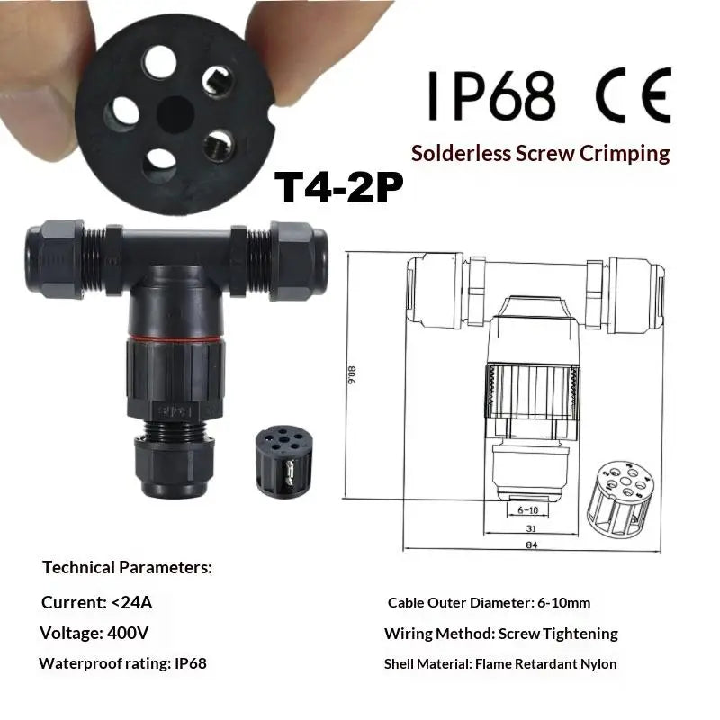 IP68 Waterproof T-Type Electrical Connector 2/3/4/5 Pin Push-In Electrical Connector Zpaxo T4 2PIN 24A