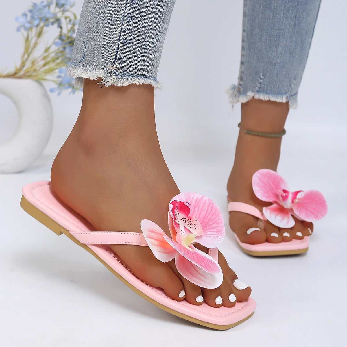 Women Slippers Comfort Beach Flip Flops Clip Toe Flower Decor Summer Zpaxo
