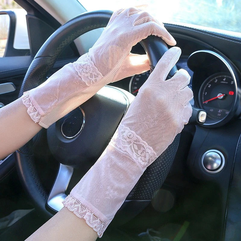 Sunscreen gloves for women summer outdoor driving cycling UV protection touch screen anti slip medium length thin lace gloves Zpaxo