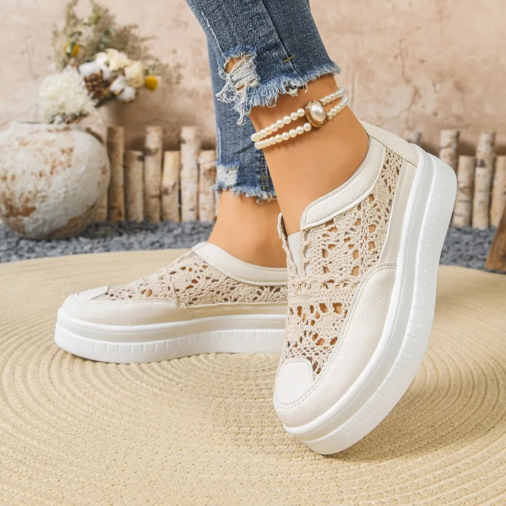 Women's Thick Soled Shoes Fashion Hollow Out Embroidery Slip-on Board