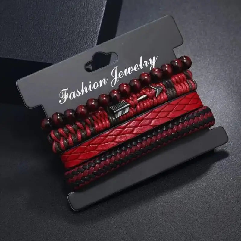 4-Piece Vintage Men's Leather & Wooden Beaded Bracelet Set