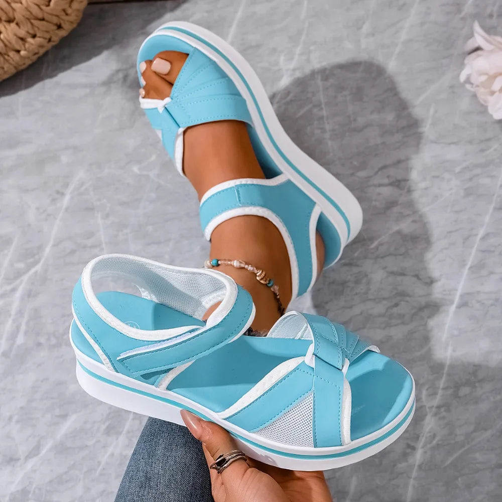 Women's Sandals Mix Color Wedges Heels Sandals Summer 2025 Shoes Woman Heeled Sandals Platform Summer Shoes Women Block Footwear Zpaxo Blue 36