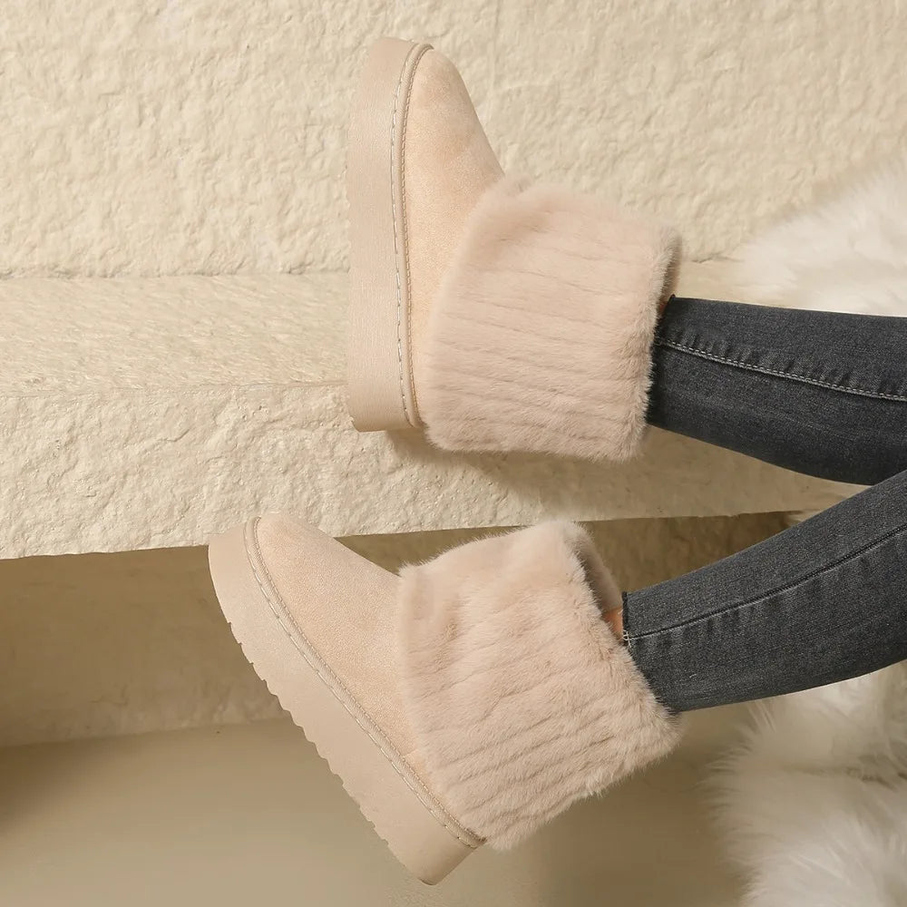 Shoes Women Winter Women's Boots Black Round Toe Solid Flock Plush