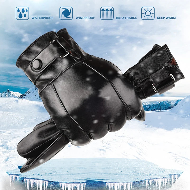 Windproof Touchscreen PU Gloves Unisex Waterproof Warm Outdoor Sports Gloves Solid Color Cycing Skiing Driving PU Gloves Male Zpaxo ST018-Black