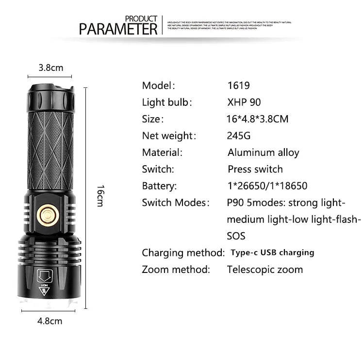 POCKETMAN XHP90.2 LED Tactical Flashlight – 3800 Lumen USB