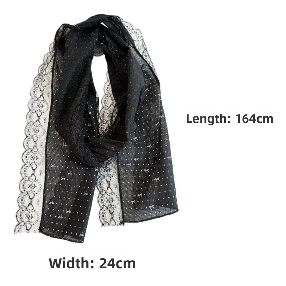 Elegant Butterfly Knot Silk Scarf Polka Dot Lightweight Drifting Belt Lace Edge Women Headscarf Zpaxo