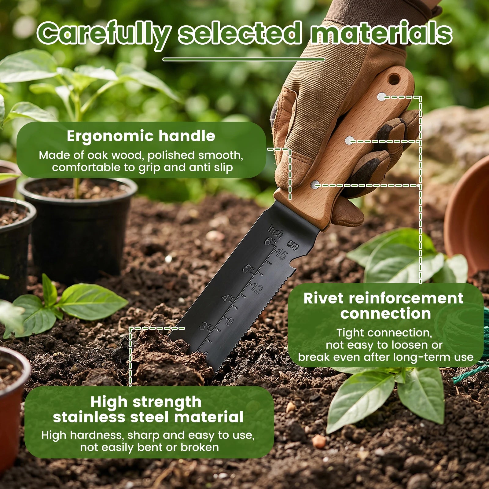 Garden Trowel Stainless Steel Hand Shovel Multi Use Serrated Edge Weeding Tool Dual Scale Rivet Reinforced Beech Wooden Handle Zpaxo