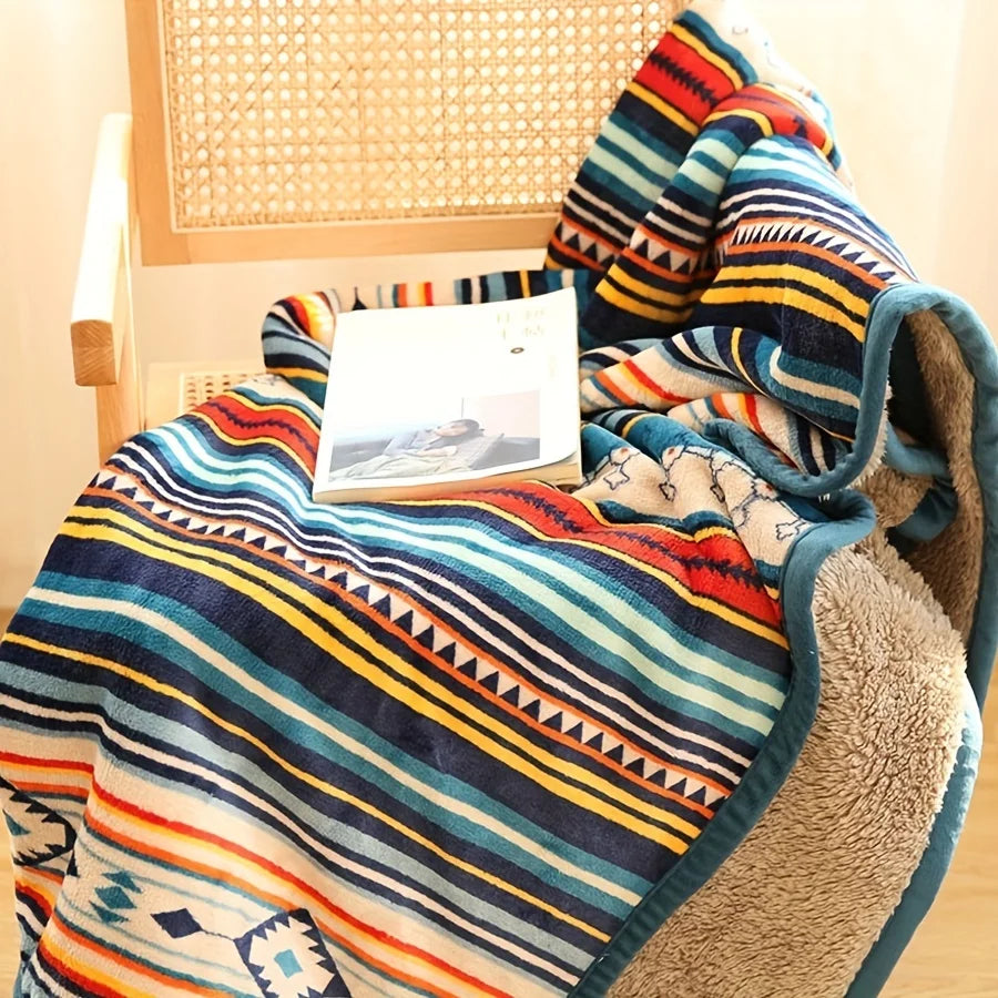 Nordic Stripe Fleece Blanket Double Layer Thick Warm Boho Sofa Bed Zpaxo