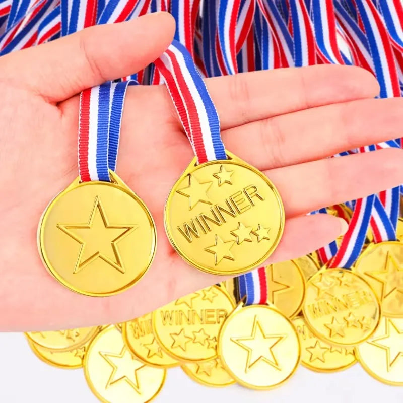 Kids Gold Winner Medals Neck Ribbon Plastic Star Shaped Award Sports