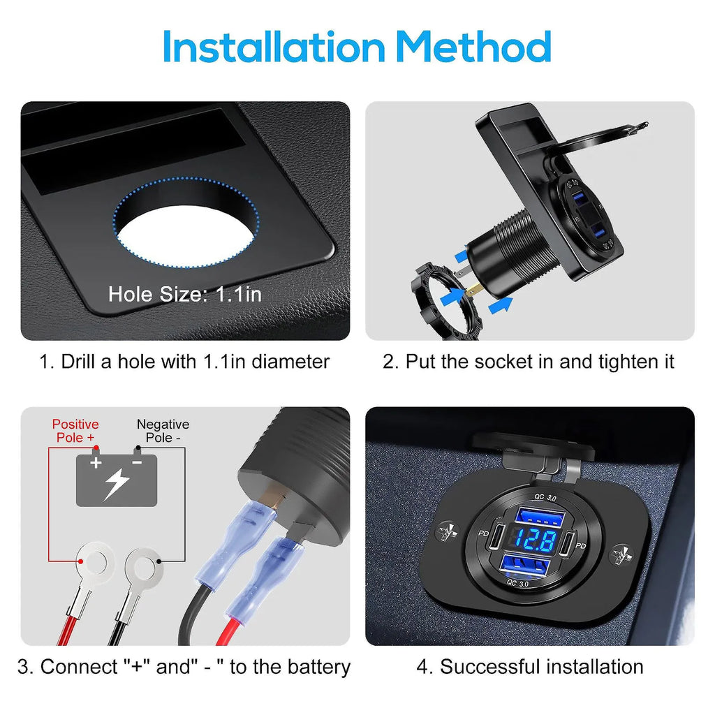 4 Ports Dual PD Port QC 3 0 USB Car Charger Voltmeter Socket Power