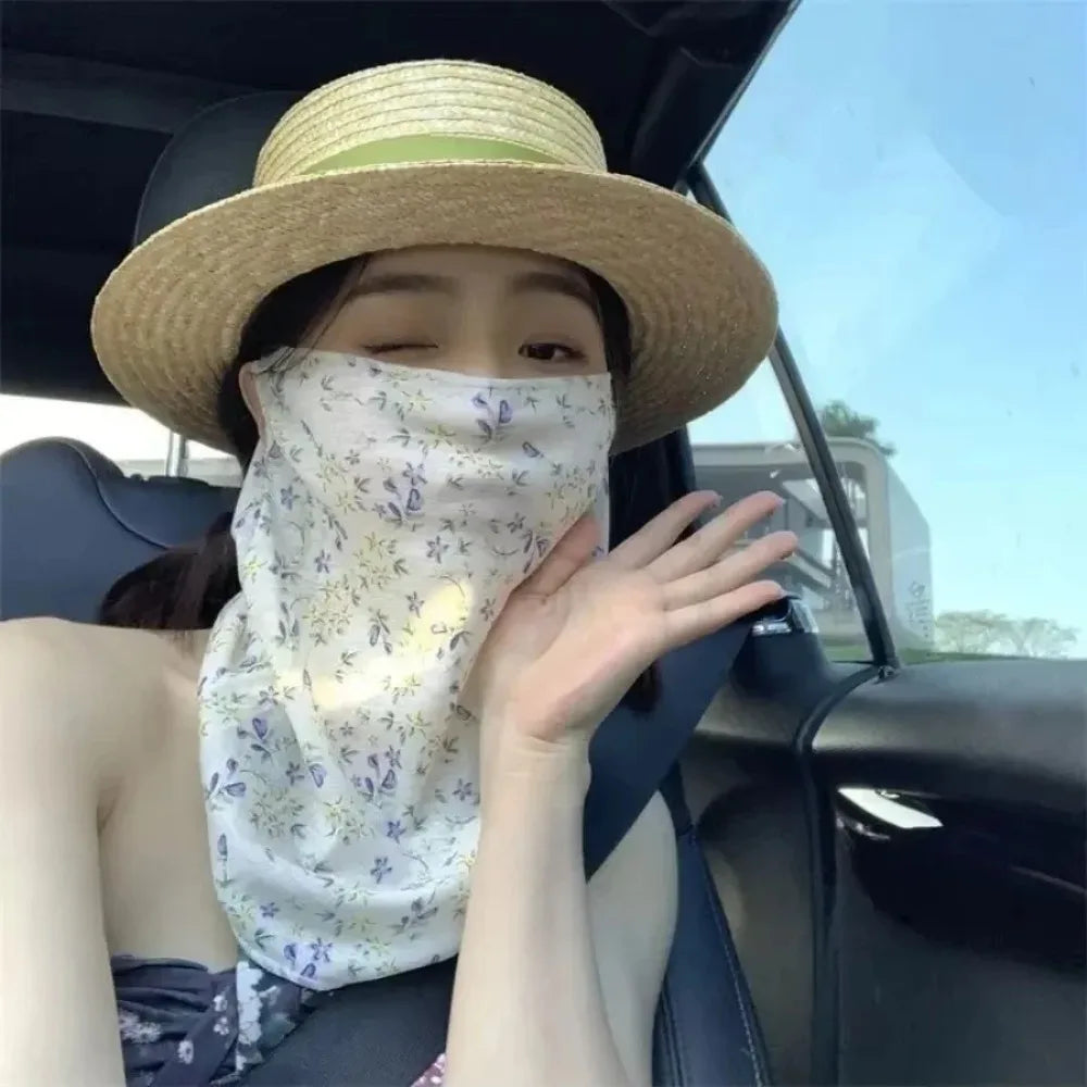 1Pc New Breathable Face Sunscreen Mask Small Floral Print Ear Hook Style UV Resistant Scarf Thin Neck Protector Summer Zpaxo