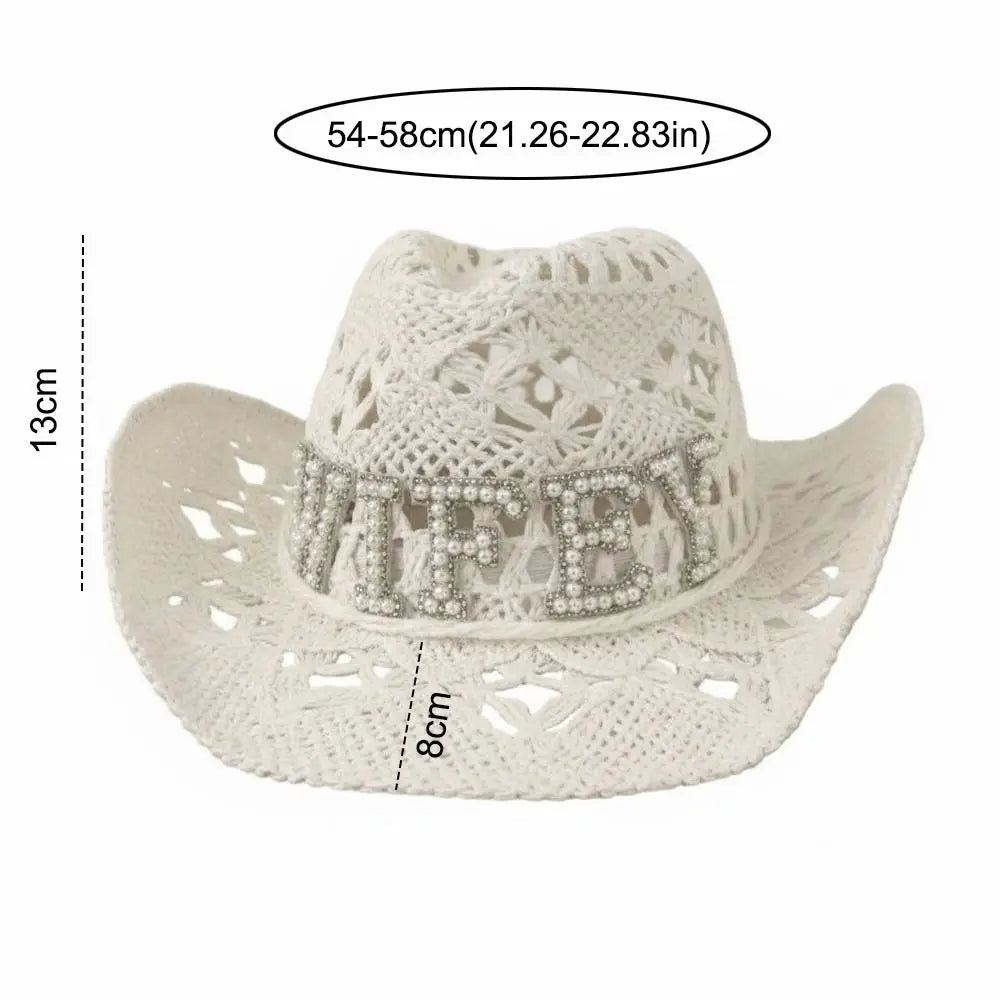 Fashion Rhinestone Letters Bride Wifey Cowboy Hat Crochet Breathable Cowgirl Hat Hollow Sun Hat For Wedding Bridal Party Zpaxo