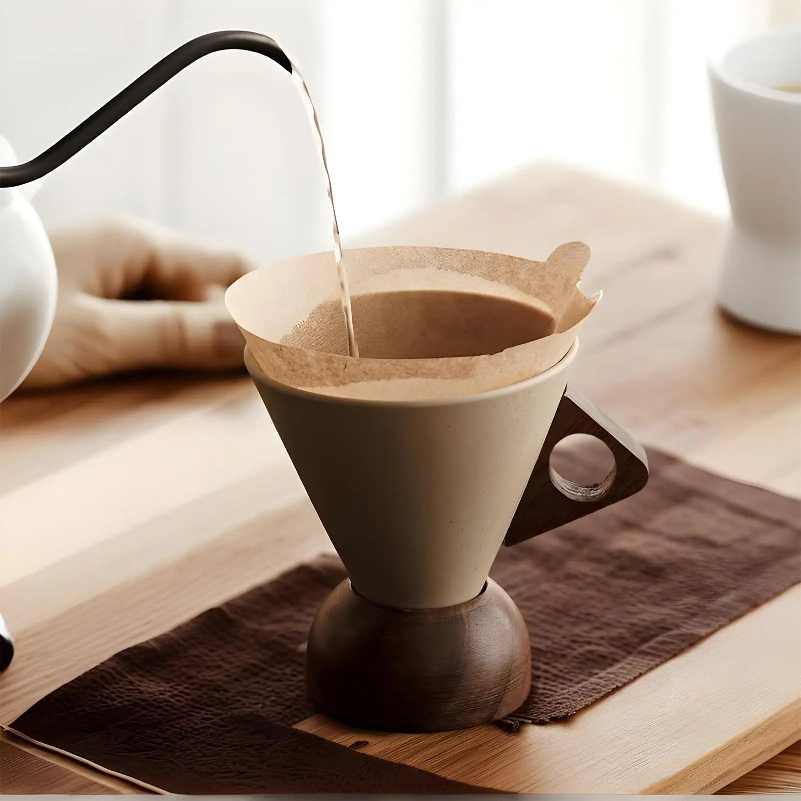 Cone Mug Retro Ceramic Drinkware Tea Cup Wooden Handle Base Coffee