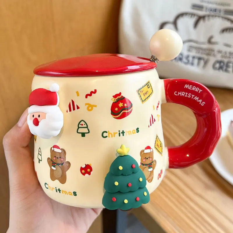 Christmas Themed Mugs Magnetic Attachment Lid Spoon Cute Ceramic Cup