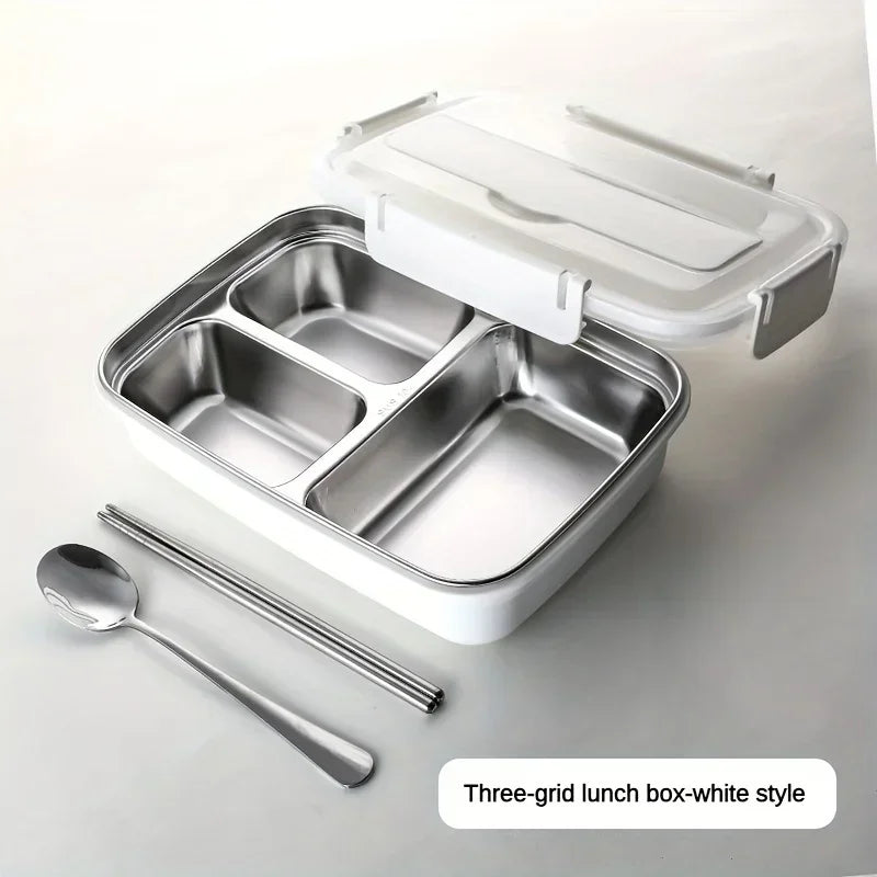 New Durable Easy-Clean Bento Container for Students & Office Workers,Leak-Proof Stainless Steel Lunch Box with 3 Compartments Zpaxo WHITE