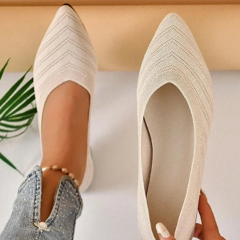 Women's Pointed Toe Flat Shoes Solid Knitted Slip Casual Breathable