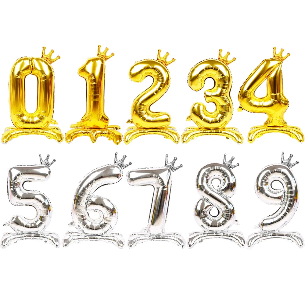 Gold Number Stand Foil Balloons Crown Digital Figures Globos 0-9