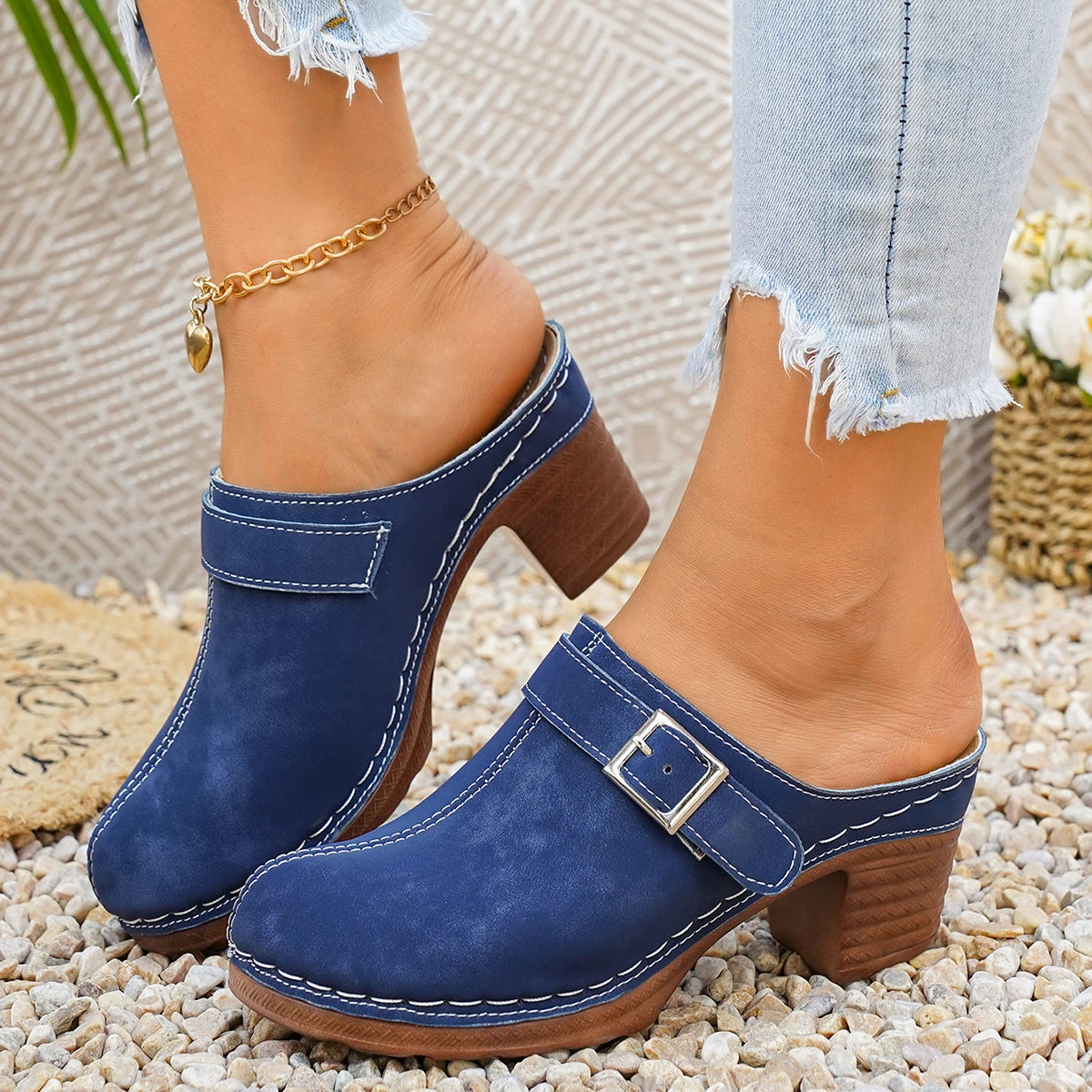 Women Sandals 2026 Summer Heels Open Toe Chunky Slippers Female Zpaxo Blue 43